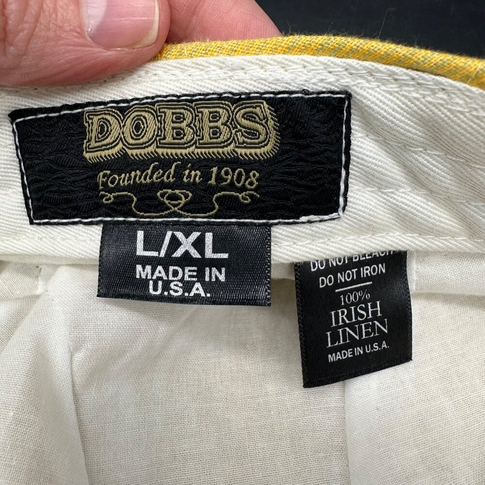 Yellow Hat Flat Cap Newsboy Cabbie Dobbs USA Yellow Gray Stripe Irish Linen L/XL - Picture 7 of 9